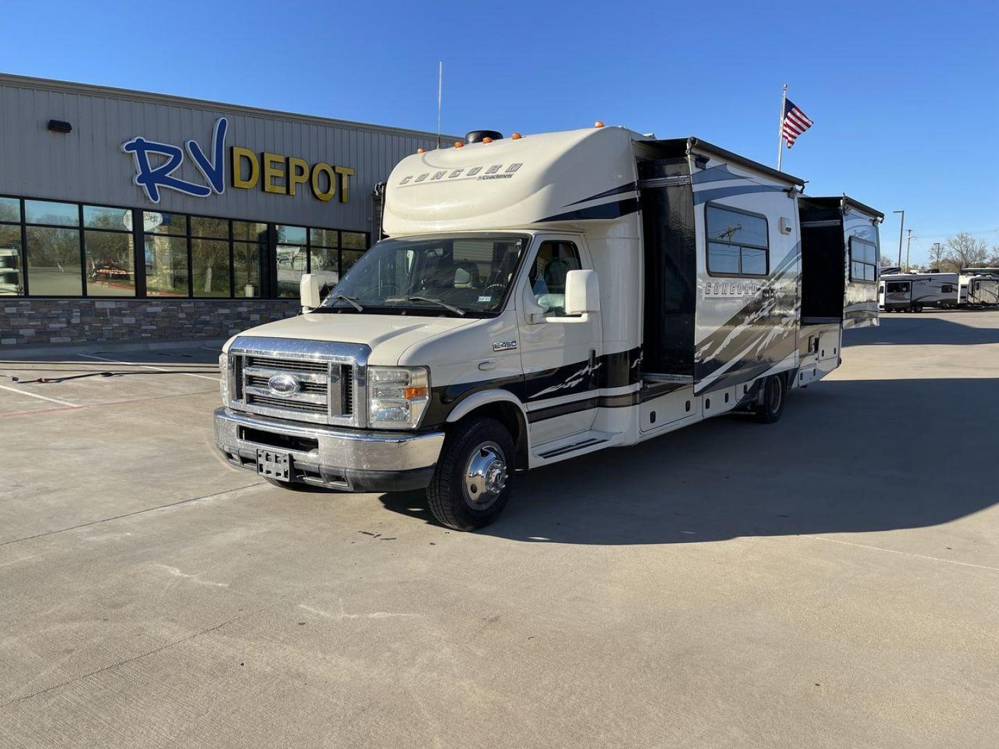 2011 WHITE COACHMEN CONCORD 300TS (1FDEX4FS9BD) , Length: 30.83 ft. | Dry Weight: 12,110 lbs. | Gross Weight: 14,500 lbs. | Slides: 3 transmission, located at 4319 N Main Street, Cleburne, TX, 76033, (817) 221-0660, 32.435829, -97.384178 - The 2011 Coachmen Concord 300TS, a class C motorhome that redefines travel comfort and convenience. With a length of 31 feet, this well-maintained model is built on a Ford E450 chassis, powered by a dependable Triton V10 engine, ensuring a smooth and reliable journey. The Concord 300TS features thre - Photo#0