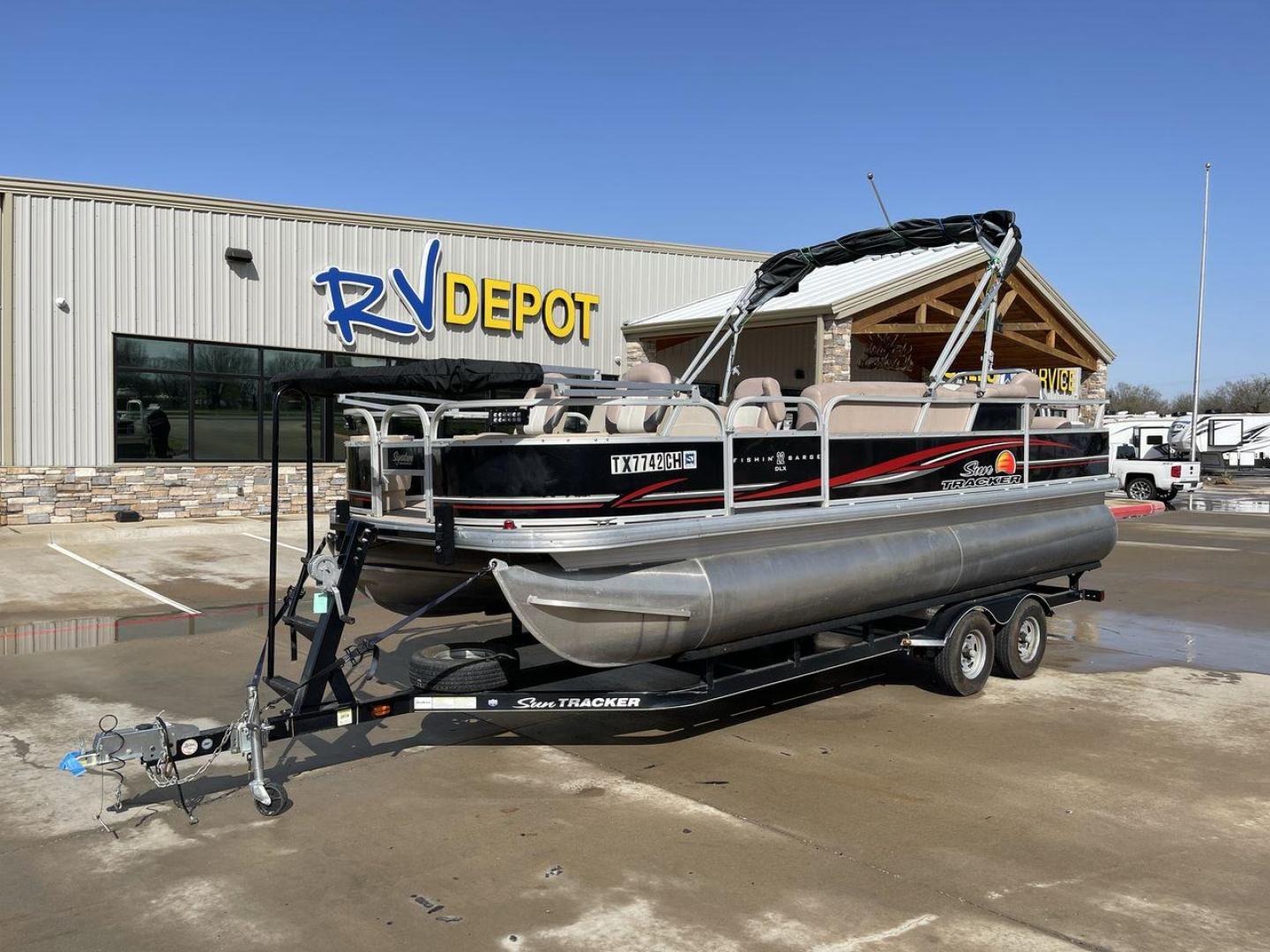 2014 BLACK SUNTRACKER FISHING BARGE 22DLX (BUJ22913D41) , located at 4319 N Main Street, Cleburne, TX, 76033, (817) 221-0660, 32.435829, -97.384178 - The 2014 Sun Tracker Fishin' Barge is here to make you happy. This adjustable pontoon boat is great for fishermen and people who love the outdoors. This Fishin' Barge is 21 feet long, so it has plenty of room for all your fishing tools and friends. The boat is built to last, and the Mercury outboar - Photo#0