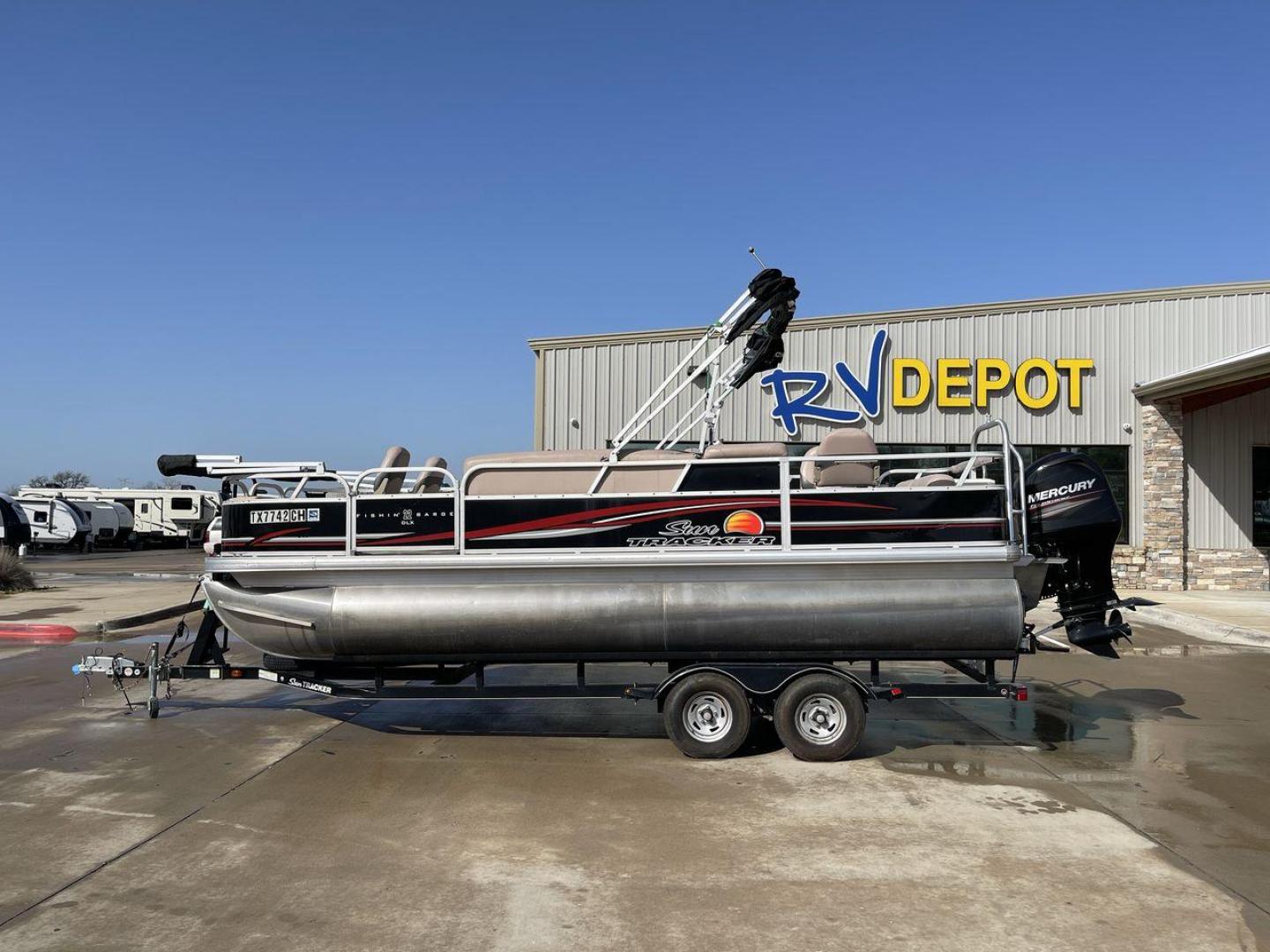 2014 BLACK SUNTRACKER FISHING BARGE 22DLX (BUJ22913D41) , located at 4319 N Main Street, Cleburne, TX, 76033, (817) 221-0660, 32.435829, -97.384178 - The 2014 Sun Tracker Fishin' Barge is here to make you happy. This adjustable pontoon boat is great for fishermen and people who love the outdoors. This Fishin' Barge is 21 feet long, so it has plenty of room for all your fishing tools and friends. The boat is built to last, and the Mercury outboar - Photo#17