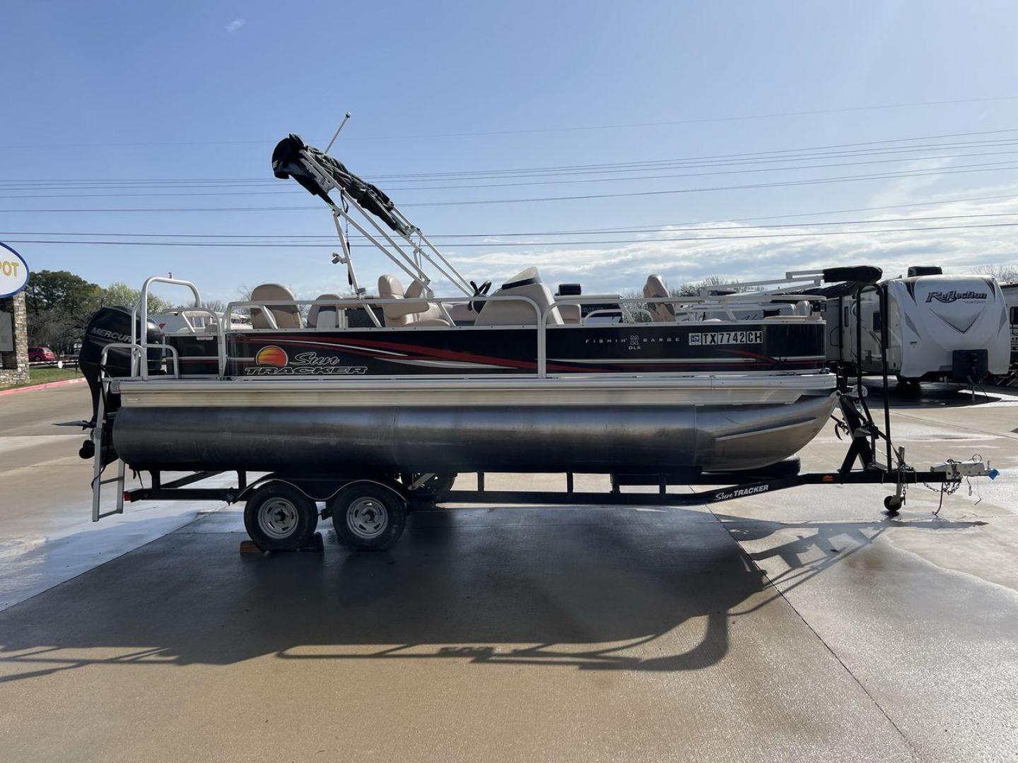 2014 BLACK SUNTRACKER FISHING BARGE 22DLX (BUJ22913D41) , located at 4319 N Main Street, Cleburne, TX, 76033, (817) 221-0660, 32.435829, -97.384178 - The 2014 Sun Tracker Fishin' Barge is here to make you happy. This adjustable pontoon boat is great for fishermen and people who love the outdoors. This Fishin' Barge is 21 feet long, so it has plenty of room for all your fishing tools and friends. The boat is built to last, and the Mercury outboar - Photo#21