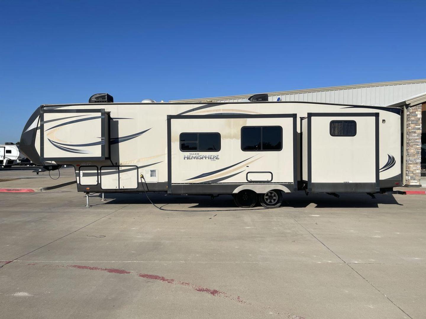 2015 TAN HEMISPHERE 356QB - (4X4FSBM29FU) , Length: 42.25 ft. | Dry Weight: 10,960 lbs. | Slides: 4 transmission, located at 4319 N Main Street, Cleburne, TX, 76033, (817) 221-0660, 32.435829, -97.384178 - This 2015 Hemisphere 356QB by Forest River fifth wheel is ideal for a large family with its quad slides and rear bunkhouse suite. The dimensions measure approximately 42.25 ft in length by 13.17 ft in height. It has a dry weight of 10,960 lbs, a payload capacity of 2,541 lbs, and a hitch weight of 1 - Photo#23