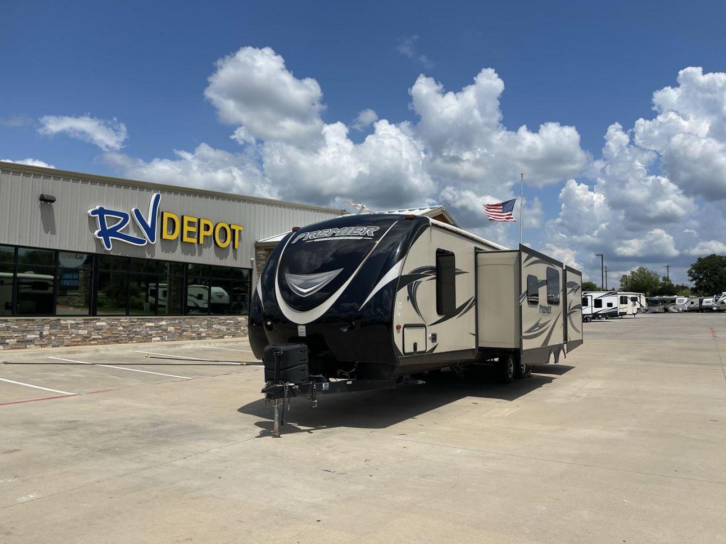 2015 TAN KEYSTONE PREMIER 34BHPR (4YDT34B25FD) , Length: 37 ft. | Dry Weight: 7,076 lbs. | Gross Weight: 8,800 lbs. | Slides: 3 transmission, located at 4319 N Main Street, Cleburne, TX, 76033, (817) 221-0660, 32.435829, -97.384178 - Take a trip with more family members and friends in this remarkably spacious 2015 Keystone Premier 34BHPR! This travel trailer measures exactly 37 ft. in length and 10.92 ft. in height. It has a dry weight of 7,076 lbs. and a GVWR of 8,800 lbs. It highlights a rear bunk and an outside kitchen, ma - Photo#0