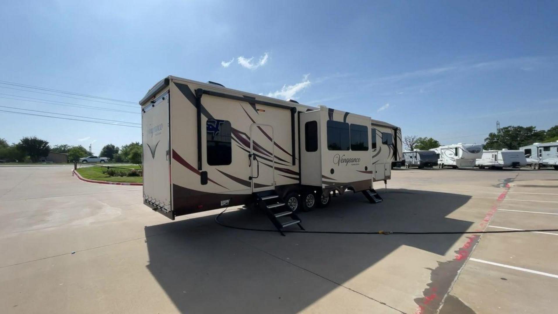 2016 FOREST RIVER VENGEANCE 38L12 (4X4FVGP36GR) , Length: 42.83 ft | Dry Weight: 14,814 lbs | Gross Weight: 18,000 lbs | Slides: 3 transmission, located at 4319 N Main Street, Cleburne, TX, 76033, (817) 221-0660, 32.435829, -97.384178 - The 2016 Forest River Vengeance 38L12 is a luxury fifth-wheel toy hauler that provides a spacious and comfortable living area for all of your activities. With a length of roughly 42.83 feet and a dry weight of 14,814 pounds, this RV offers enough space and durability to meet your demands. With an al - Photo#1