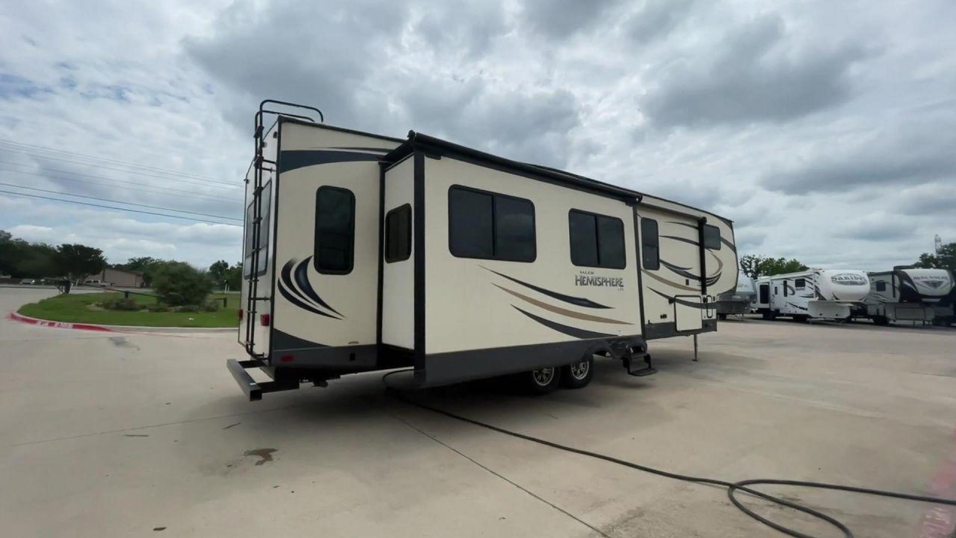 2017 TAN HEMISPHERE 337BAR (4X4FSBK25HV) , Length: 39.58 ft. | Dry Weight: 10,069 lbs. | Slides: 3 transmission, located at 4319 N Main Street, Cleburne, TX, 76033, (817) 221-0660, 32.435829, -97.384178 - This 2017 Forest River Salem Hemisphere Lite 337BAR fifth wheel measures 39.58 feet. It is a dual axle, aluminum wheel setup with electric drum brakes. Its dry weight is 10,069 lbs, its payload capacity is 2,321 lbs, and its hitch weight is 1,990 lbs. The fiberglass exterior is painted white with bl - Photo#22