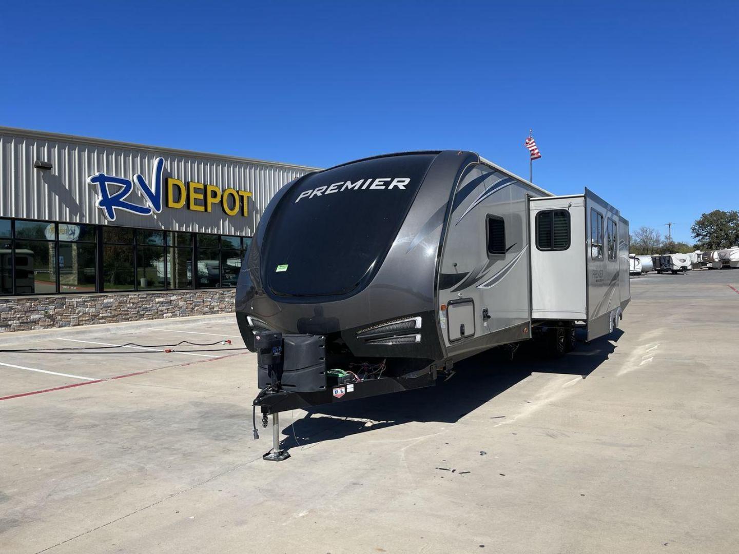 2019 KEYSTONE PREMIER 34BIPR (4YDT34B27KD) , Length: 38.25 ft. | Dry Weight: 7,495 lbs. | Gross Weight: 9,400 lbs. | Slides: 3 transmission, located at 4319 N Main Street, Cleburne, TX, 76033, (817) 221-0660, 32.435829, -97.384178 - The exterior of this used 2019 Keystone Premiere 34RIPR travel trailer features a streamlined and modern design with a grey and beige color scheme complemented by black and white accents. It is labeled as the Premier Ultra Lite by Keystone to emphasize its lightweight nature and ease of towing. The - Photo#0