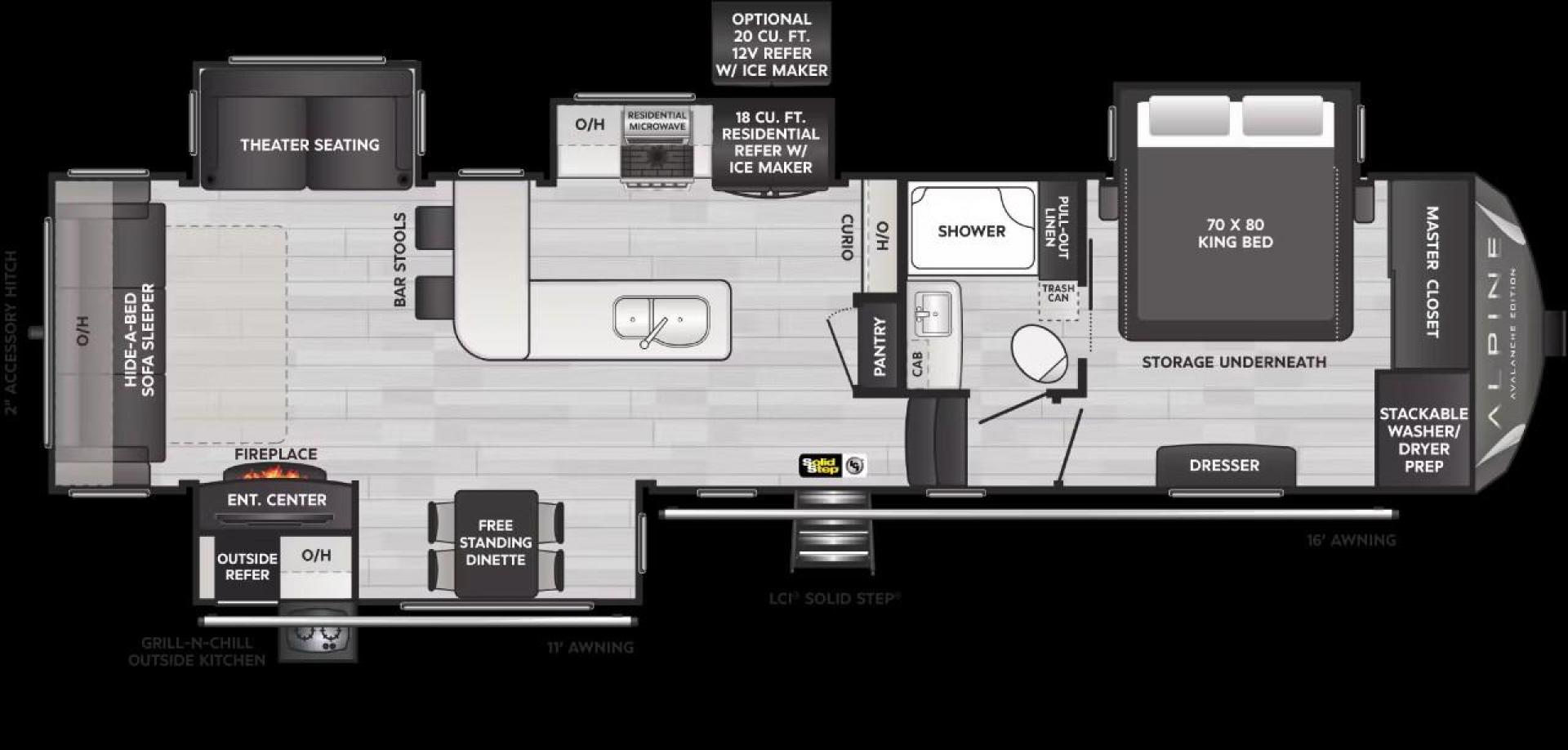 2022 KEYSTONE AVALANCHE 338GK (4YDFAVS24NE) , Length: 38 ft | Dry Weight: 12,523 lbs | Gross Weight: 15,500 lbs | Slides: 4 transmission, located at 4319 N Main Street, Cleburne, TX, 76033, (817) 221-0660, 32.435829, -97.384178 - The 2022 Keystone Avalanche 338GK showcases a sleek and modern exterior design, built for durability and style. This fifth wheel features a glossy white body accented by sharp, aerodynamic lines in subtle shades of gray and black, giving it a clean and contemporary look. The front cap is bold and ae - Photo#9