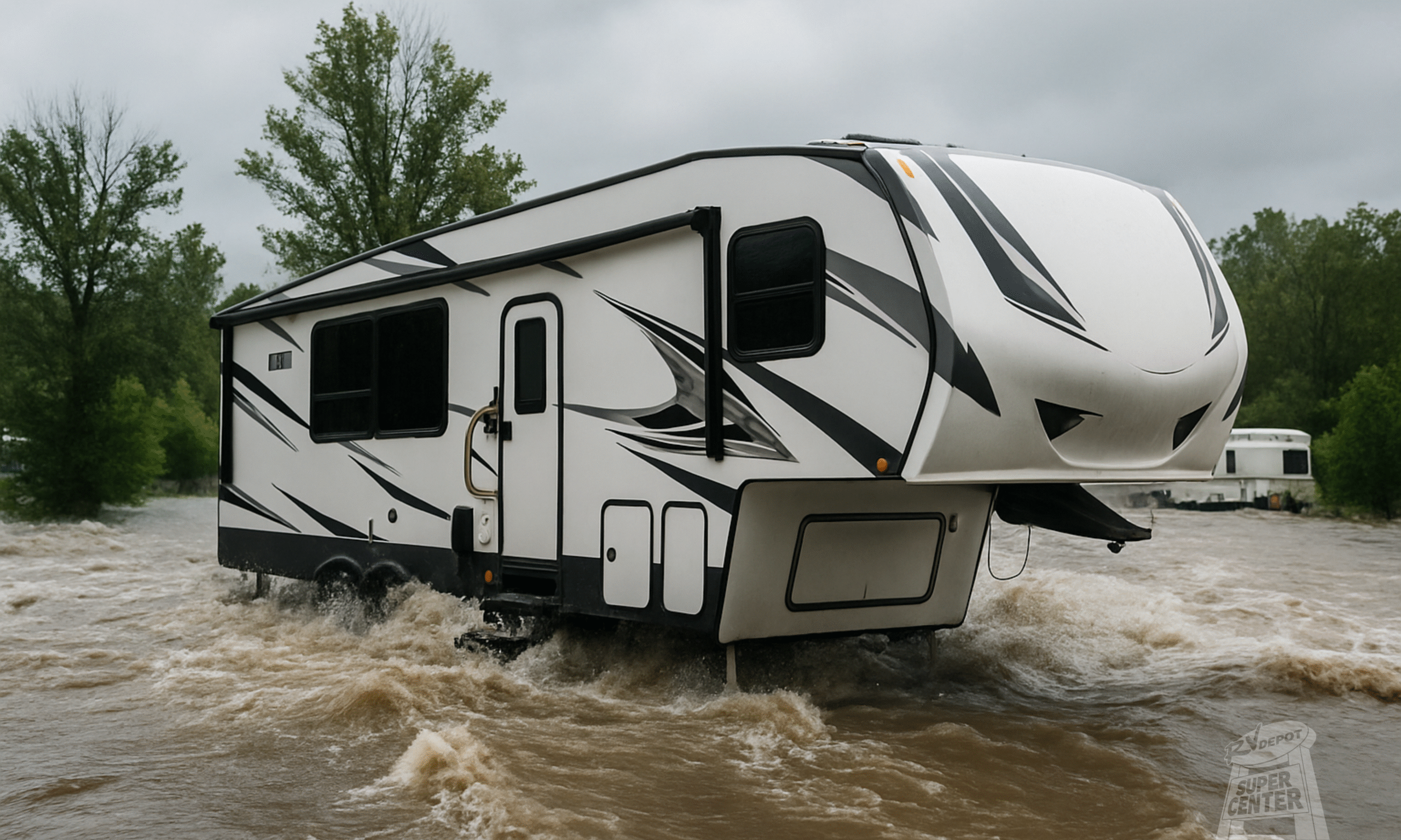 RV Depot - 5th Wheel in flooding waters AI Image scaled 5th Wheel in flooding waters