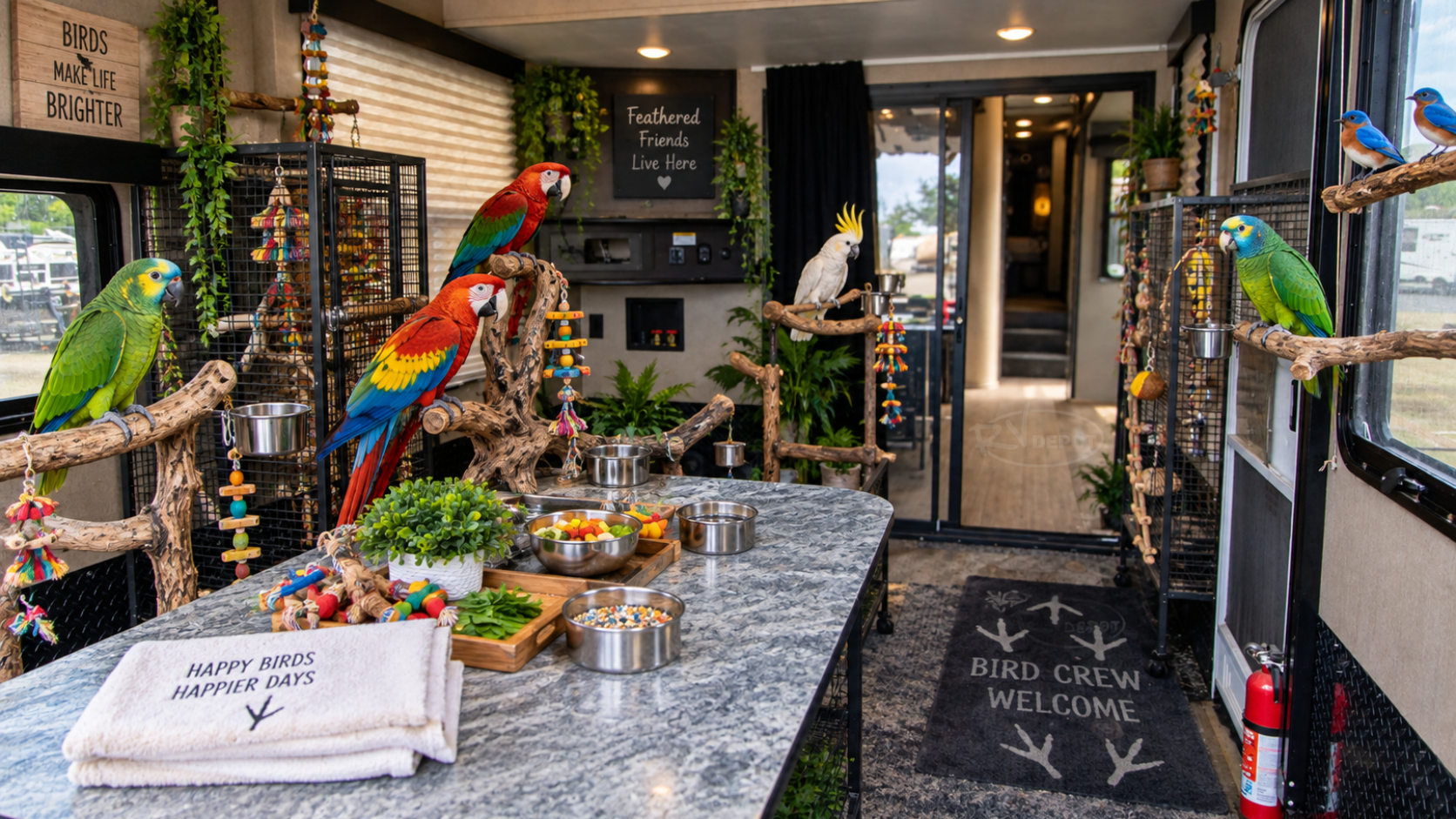 Colorful RV interior set up as an aviary haven for pet birds