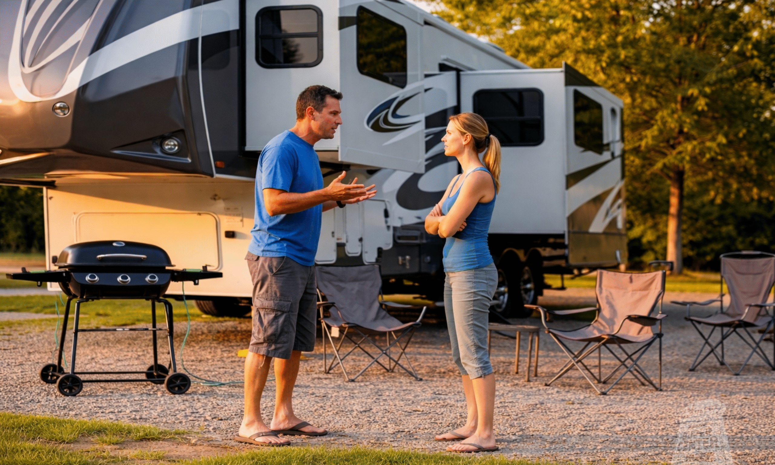 RV Depot - Couple Talking in front of their RV AI Image scaled Couple Talking in front of their RV