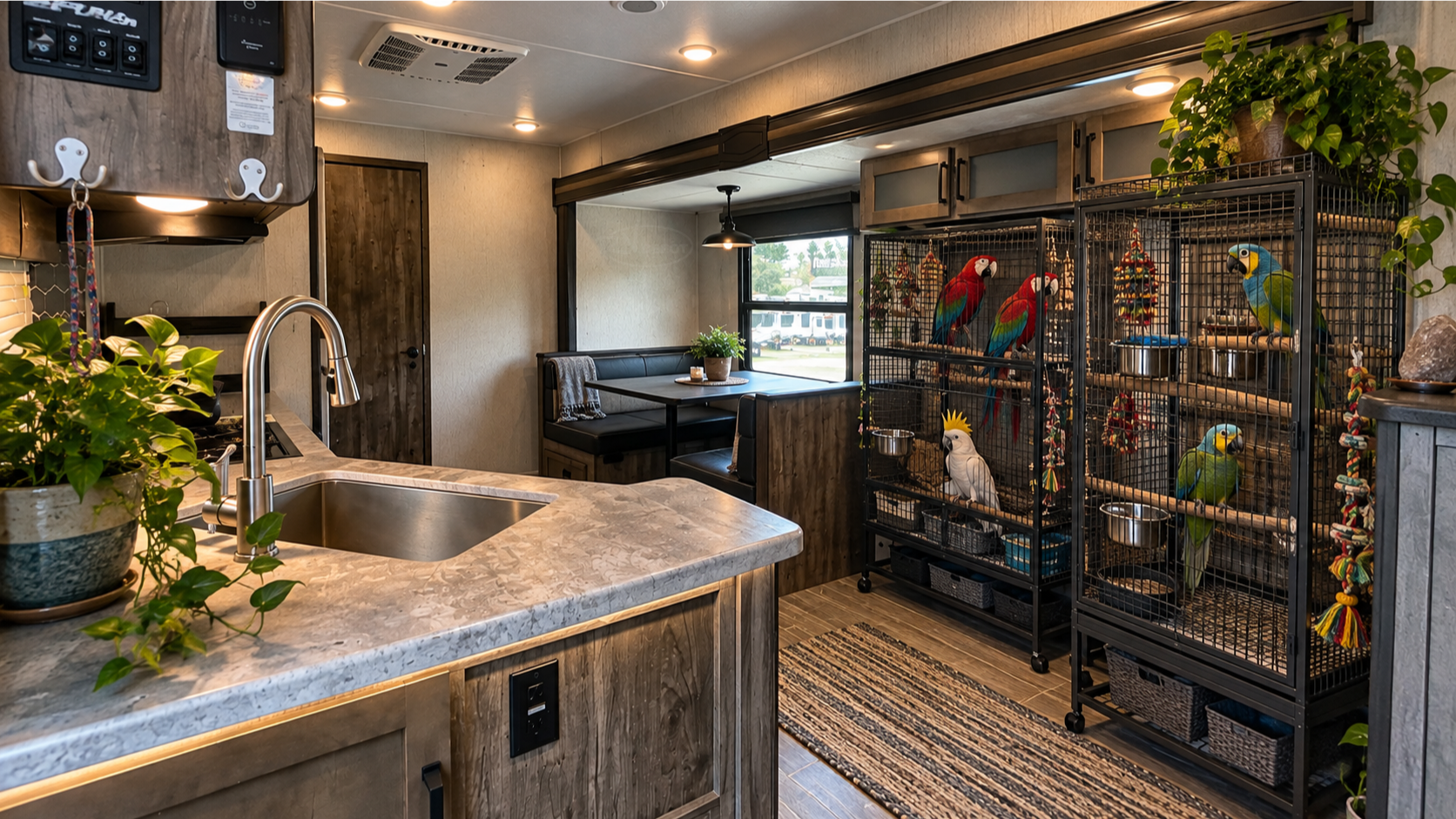 Cozy RV interior arranged as a parrot aviary for pet birds