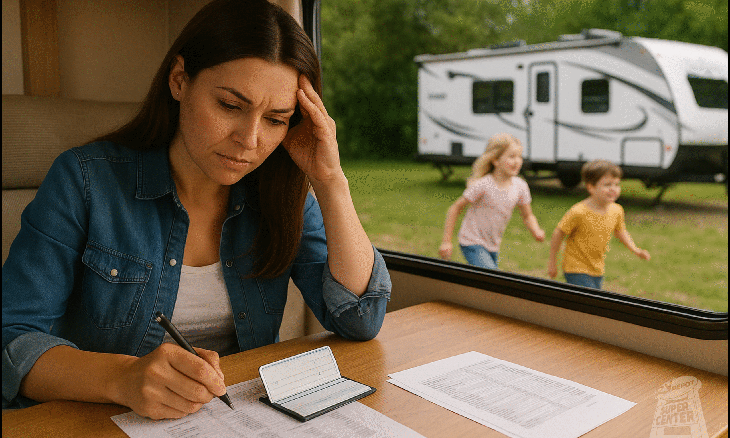 RV Depot - Woman Budgeting with kids playing outside AI Image scaled Woman Budgeting with kids playing outside