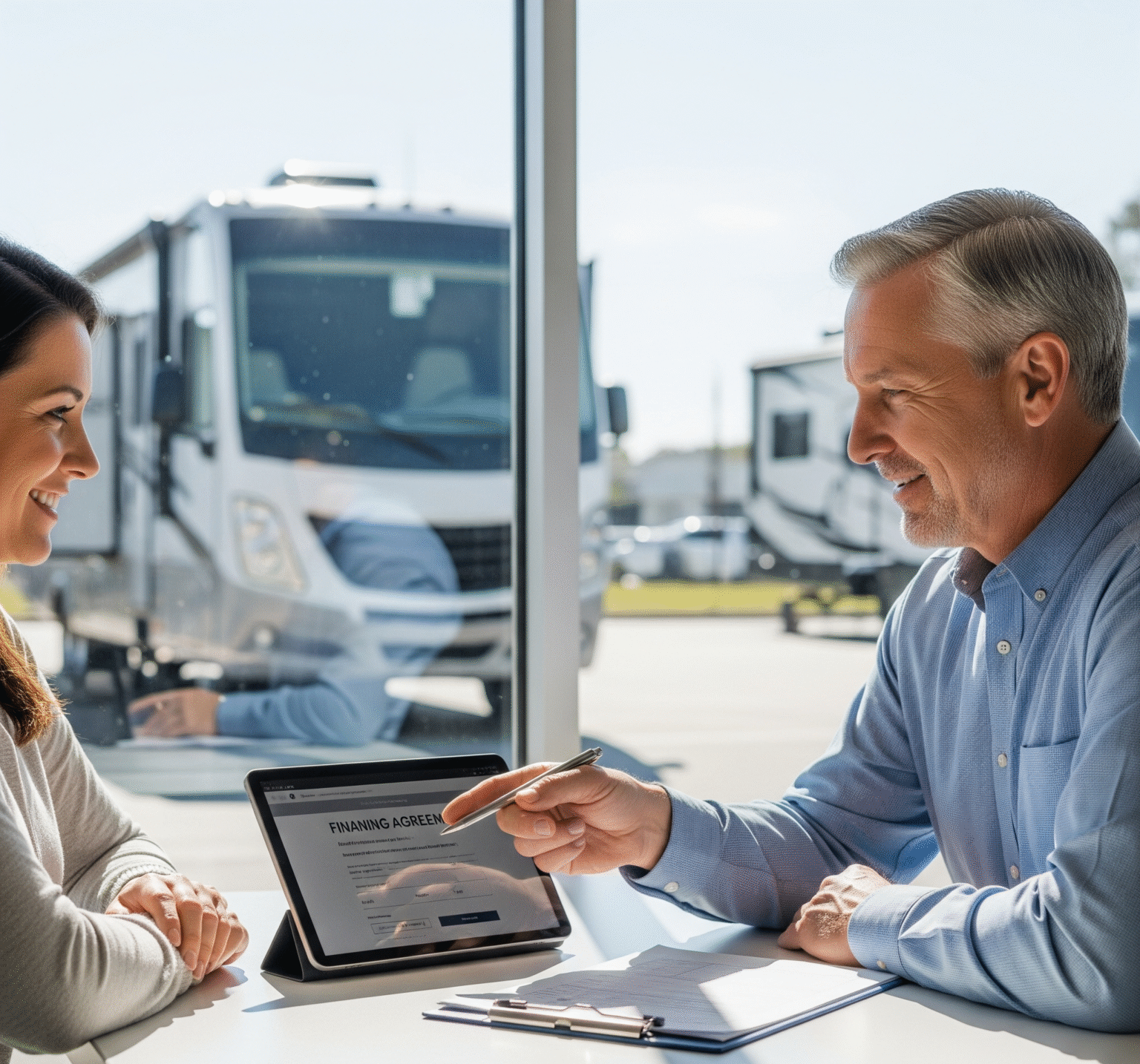 RV Depot - fINANCE Man and Woman talking about Financing
